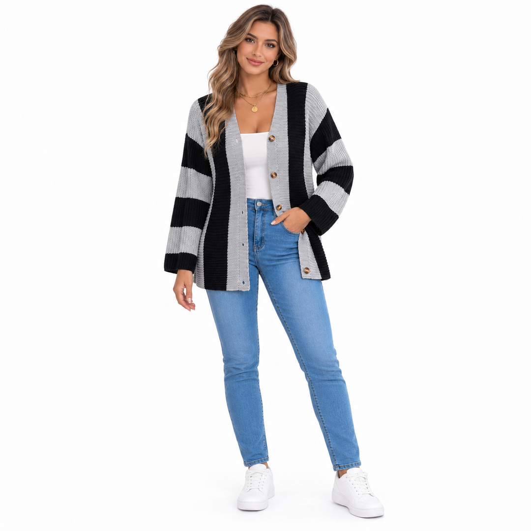 Grey and black striped cardigan for women shown full length on a model against a white studio background