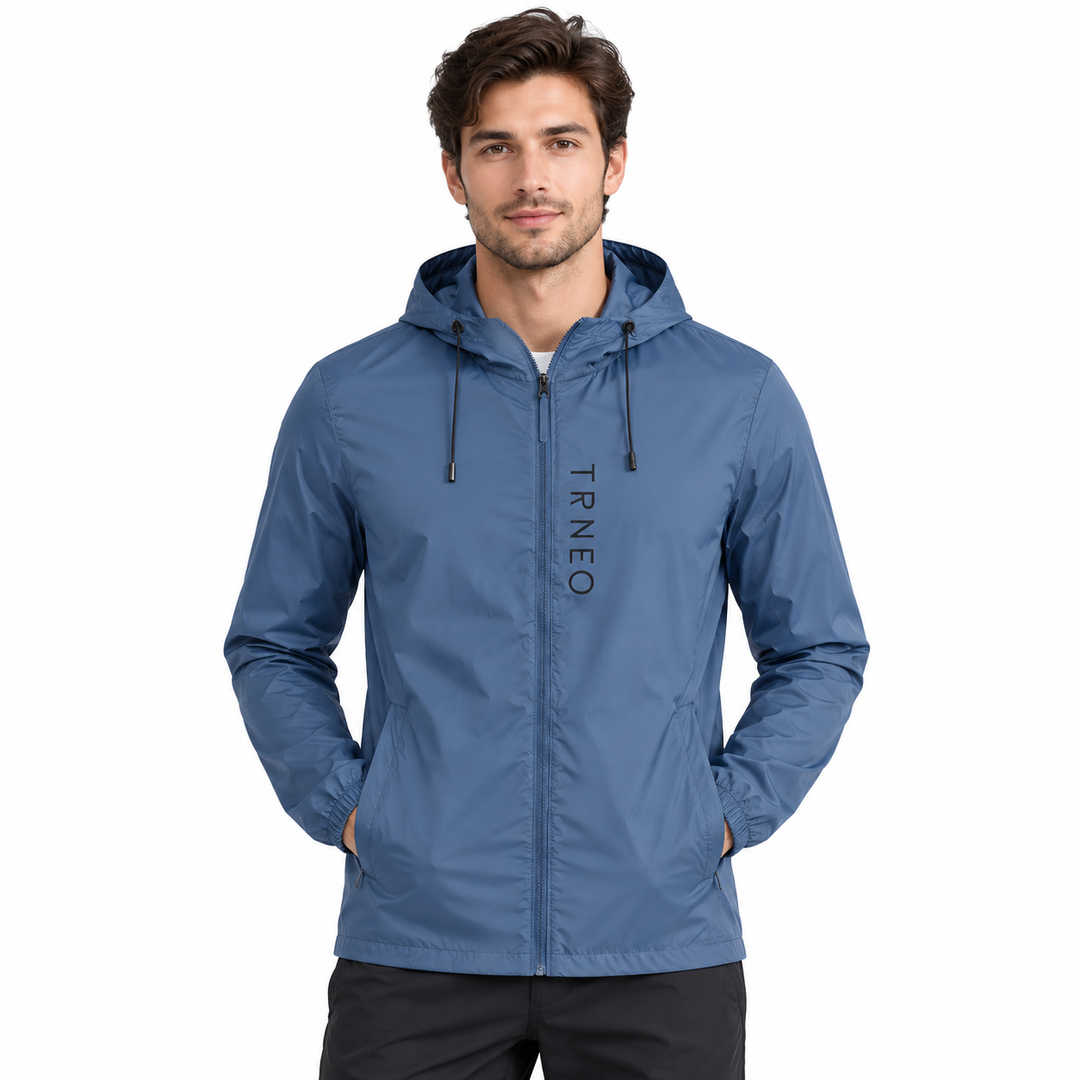 Sun protection clothing for men in Blue shown on a male model with hood, zipper and side pockets on a clean white background.