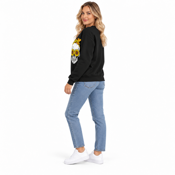 Black sunflower skull sweatshirt shown in three-quarter side view