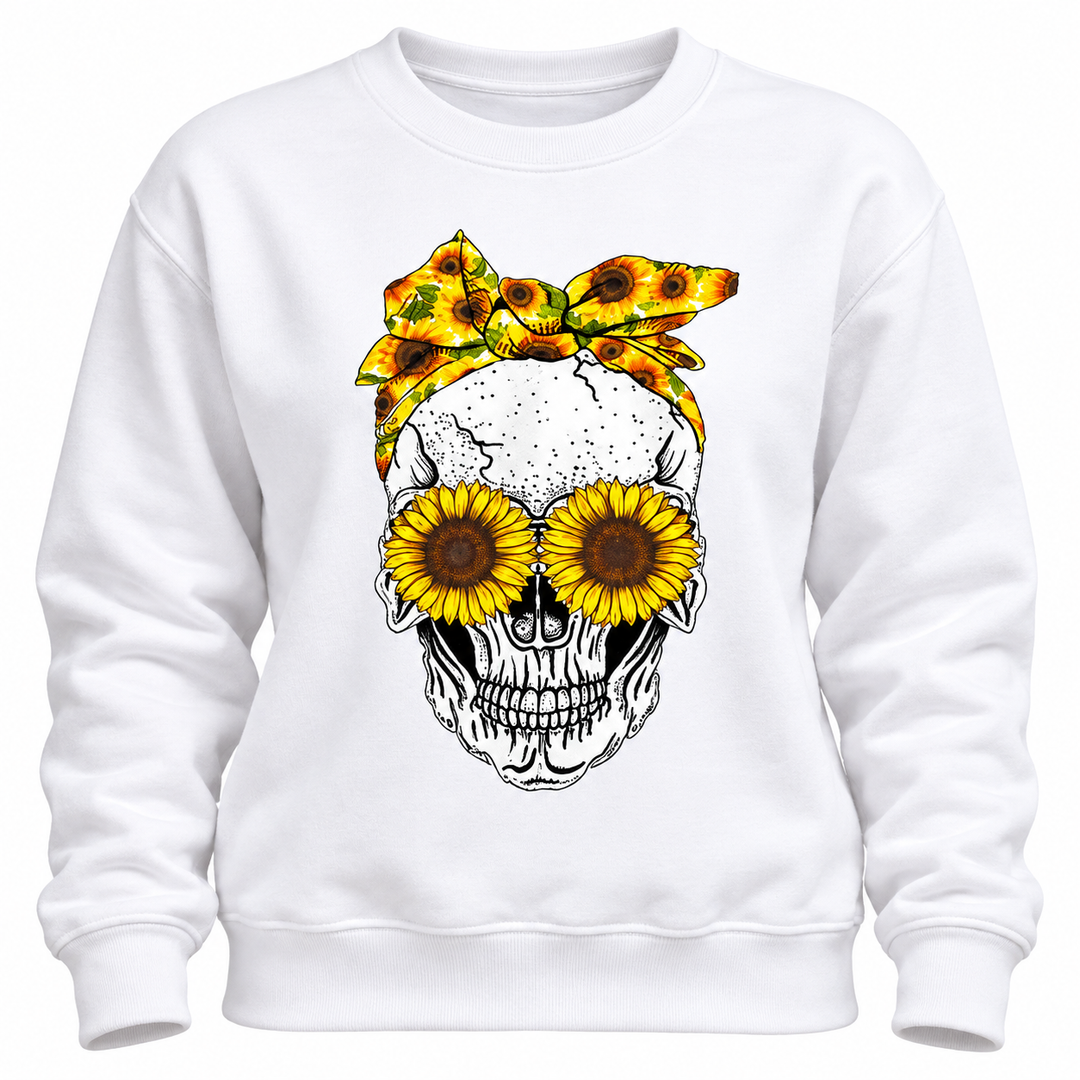 Close-up of sunflower skull print on white crew neck sweatshirt