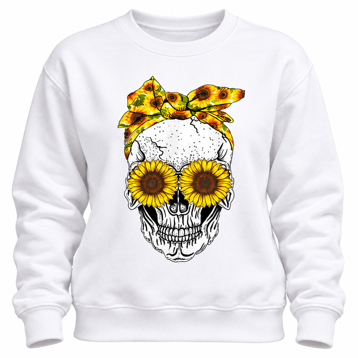 Close-up of sunflower skull print on white crew neck sweatshirt