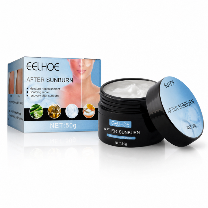 EELHOE After-Sun Repair Cream 50g with blue box, open black jar and matching lid arranged on a clean white studio background.