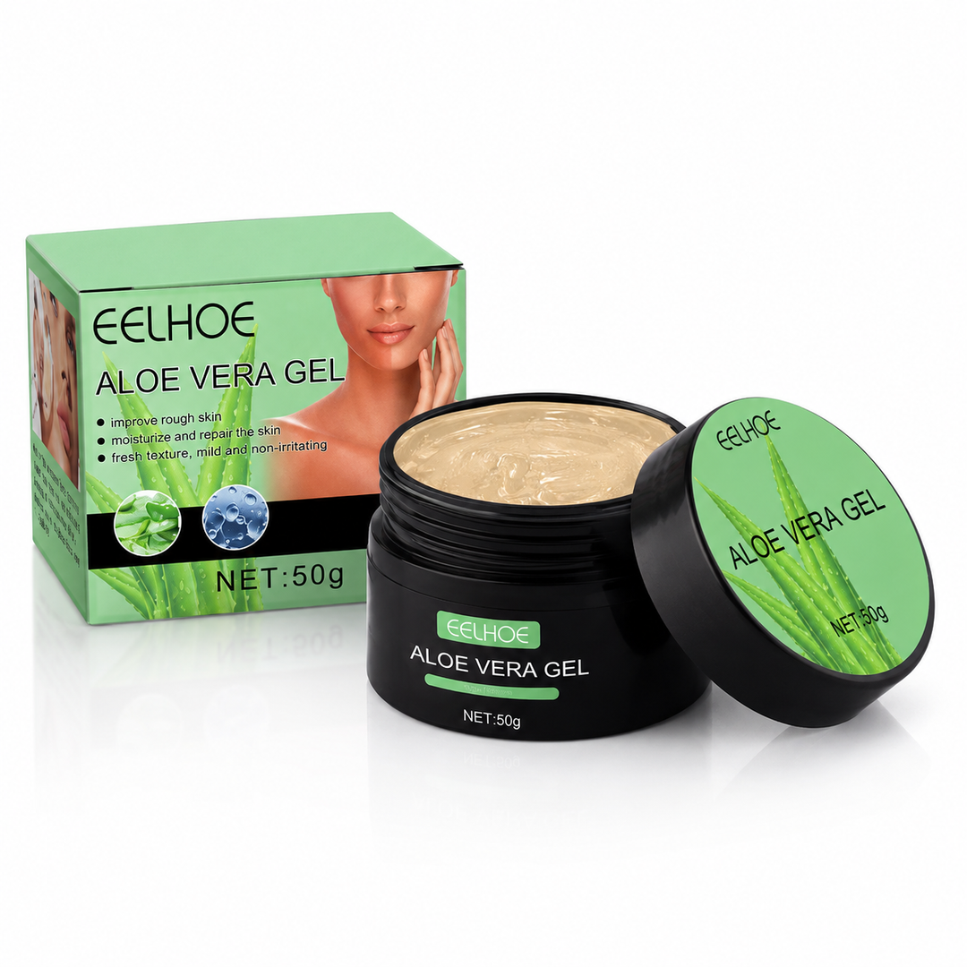 EELHOE Aloe Vera Gel 50 g with green box, open black jar and matching lid arranged neatly on a clean white studio background.