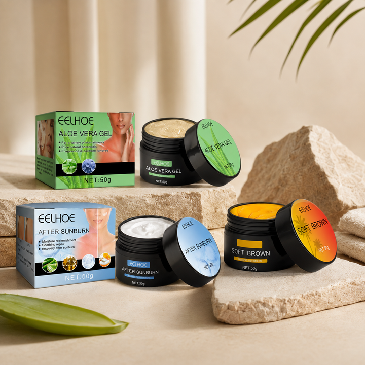 EELHOE 50g skincare styles in a warm spa setting with Aloe Vera Gel, After-Sun Repair Cream and Soft Brown jars clearly shown