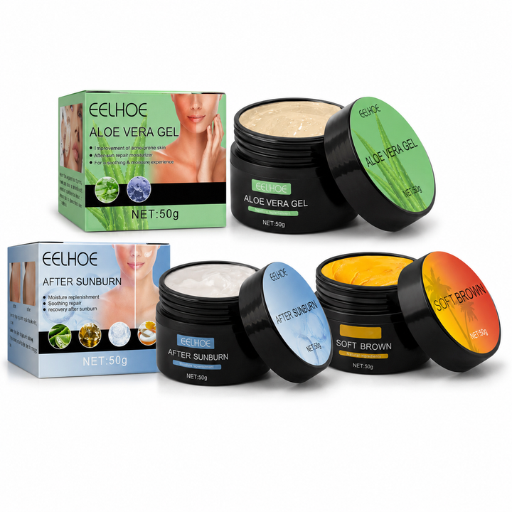 EELHOE tanning cream 50g set with Soft Brown, Aloe Vera Gel and After-Sun Repair styles on clean white studio background set.