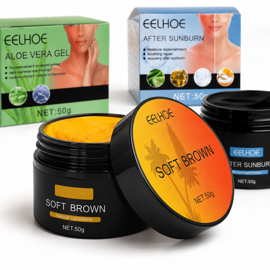 Soft Brown 50g jar packaging detail with Aloe Vera Gel and After-Sun Repair Cream softly displayed behind it in studio focus.