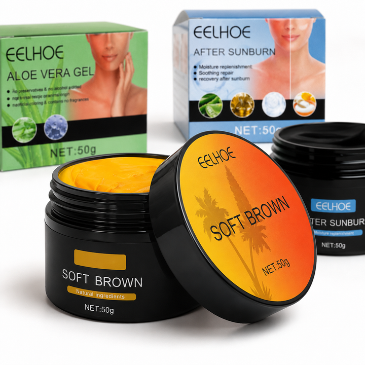 Soft Brown 50g jar packaging detail with Aloe Vera Gel and After-Sun Repair Cream softly displayed behind it in studio focus.