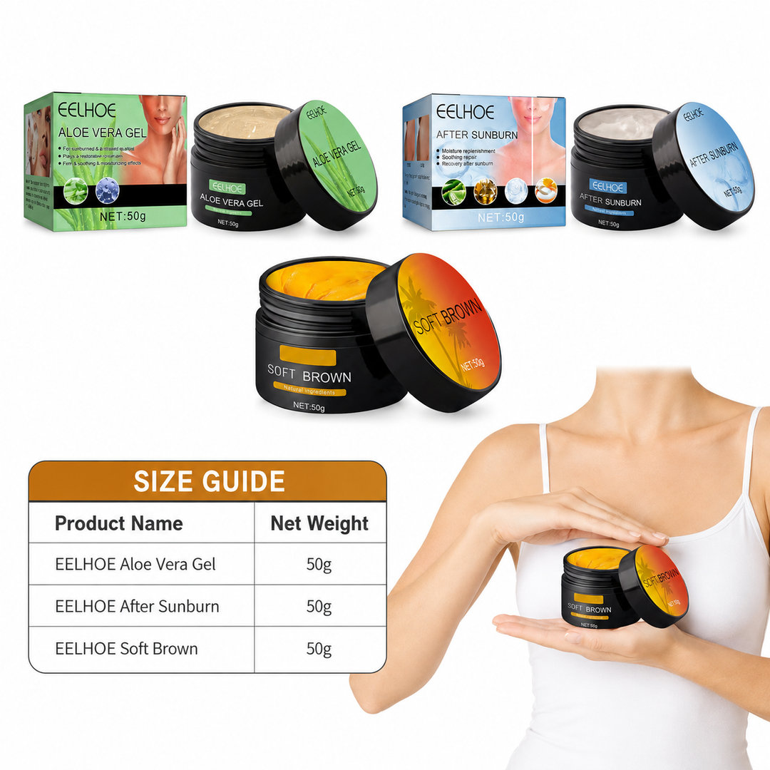 Soft Brown, Aloe Vera Gel and After-Sun Repair Cream 50 g styles shown with verified net weight guide and clean white layout.