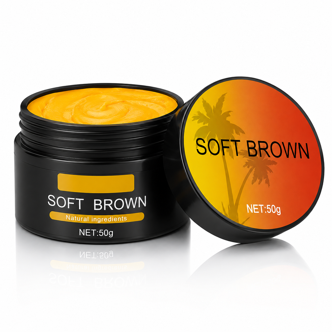 Soft Brown 50g tanning cream jar shown open with orange cream and matching lid in clean white studio product photograph view.
