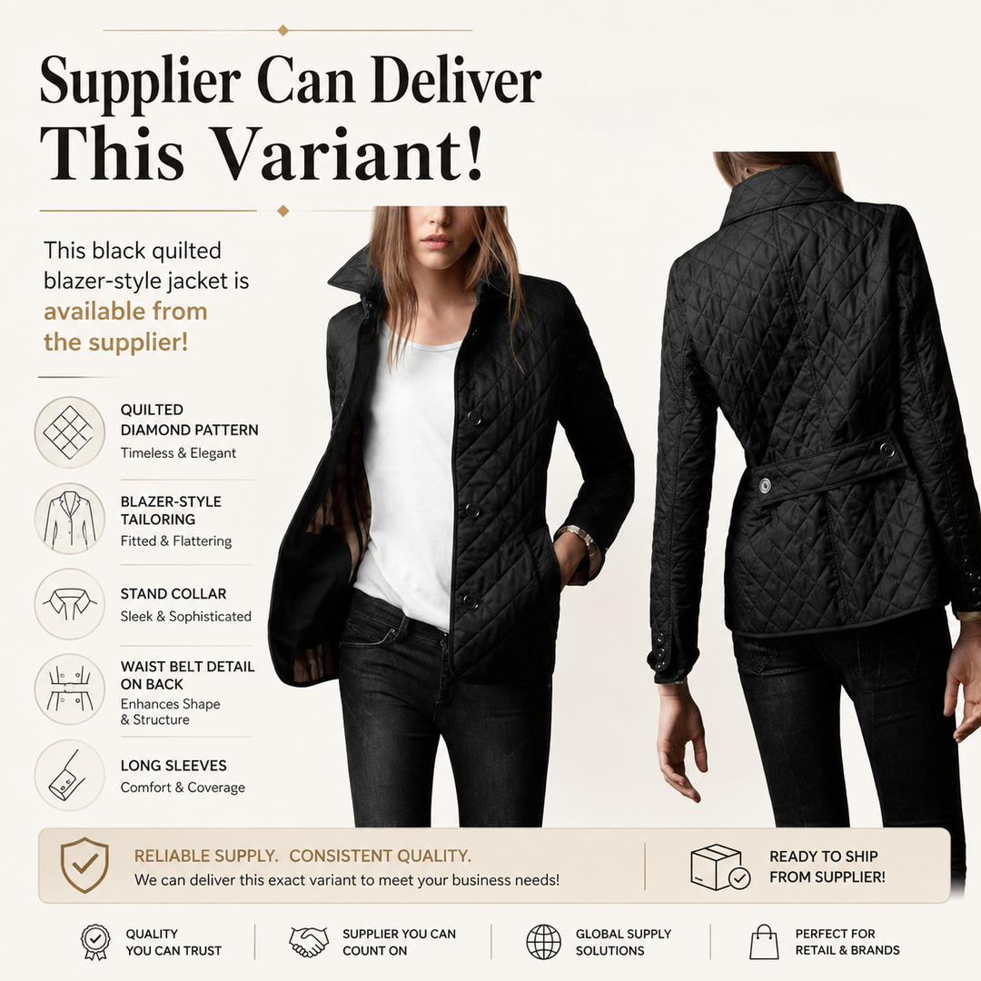 Black quilted blazer supplier variant shown front and back with professional English availability message for informed buyer.