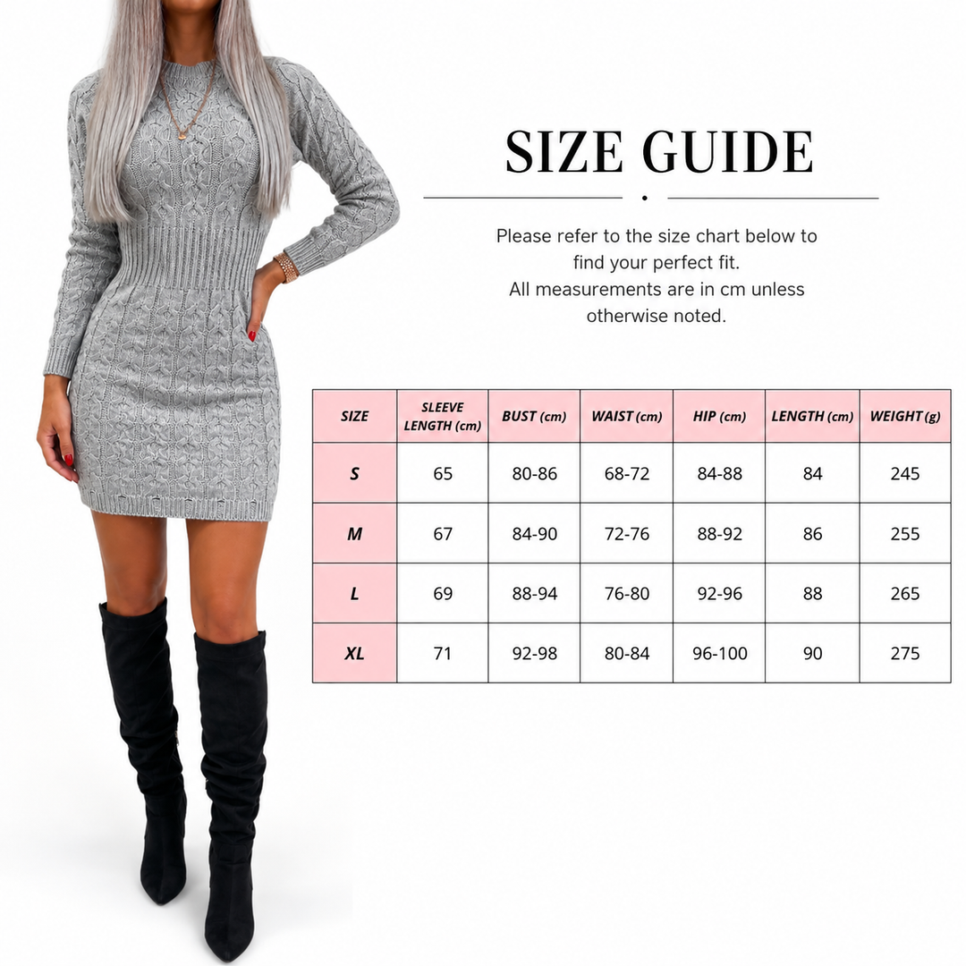 Sweater dress size guide for S M L and XL with model and measurements