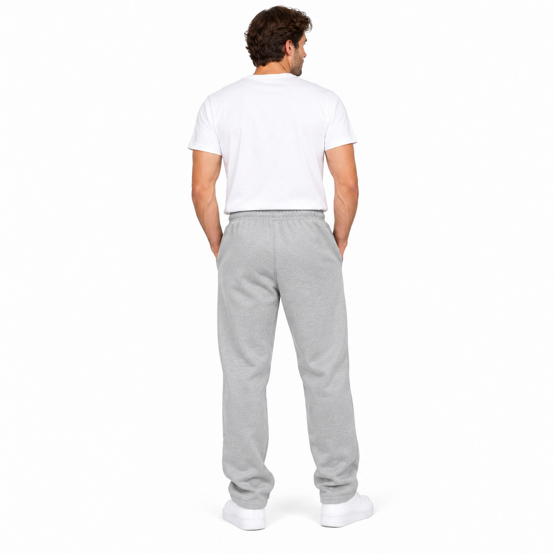 Light gray sweatpants back view on a full-body male model against a white background
