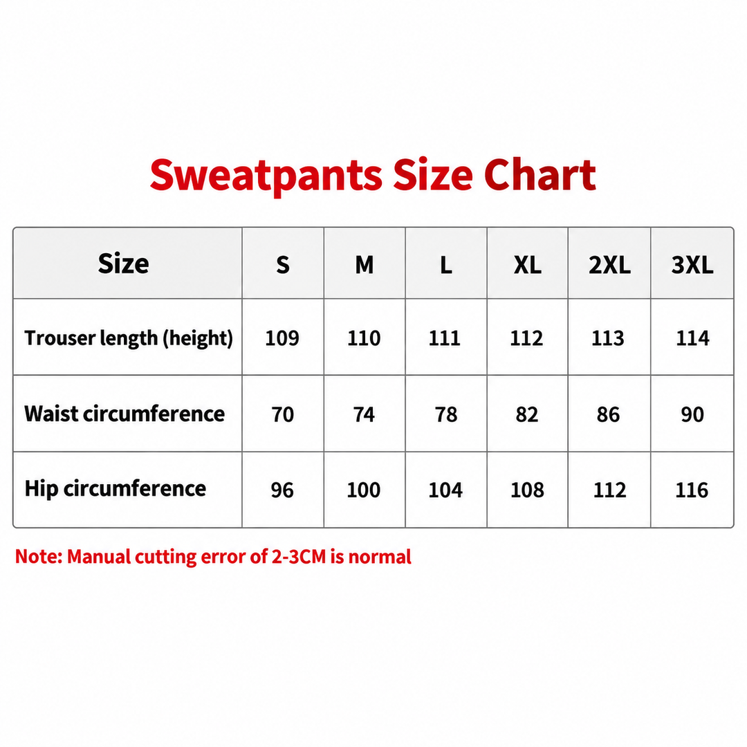 Sweatpants size chart for S, M, L, XL, 2XL and 3XL with length, waist and hip measurements