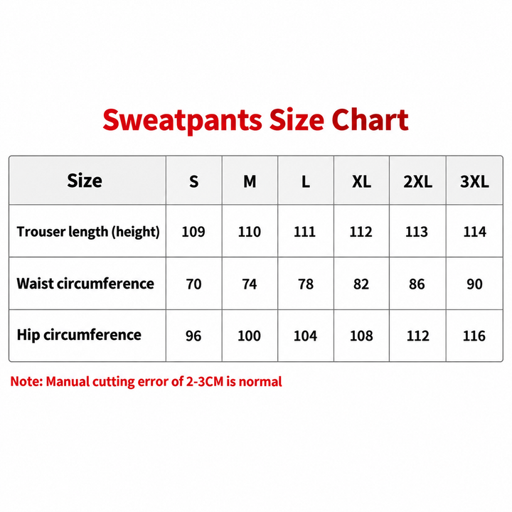 Sweatpants size chart for S, M, L, XL, 2XL and 3XL with length, waist and hip measurements