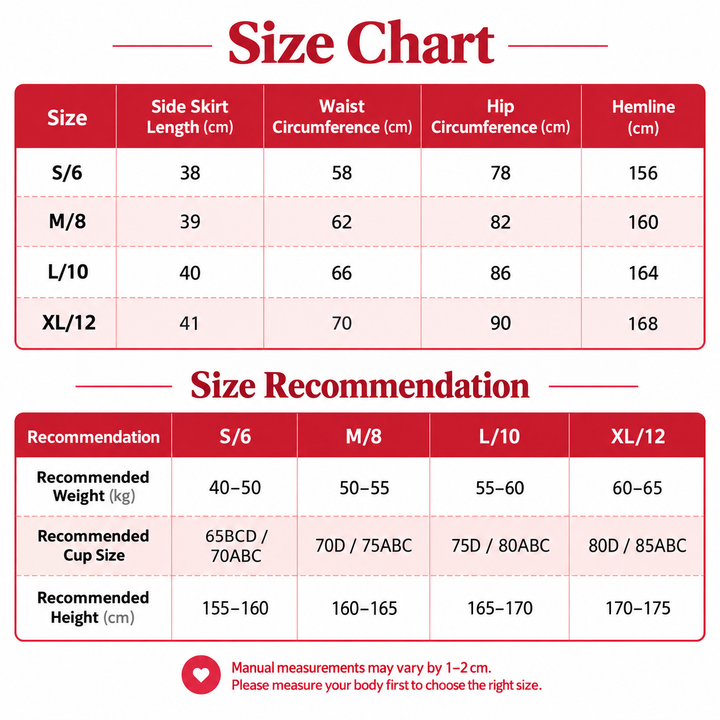 Tennis skirt size chart with measurements and size recommendations