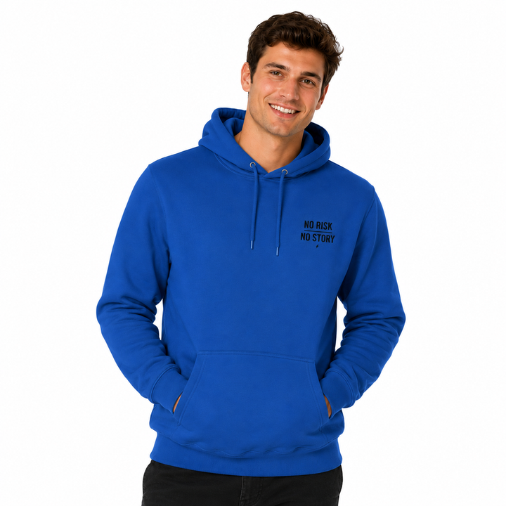 Man wearing the Royal Blue three-panel fleece hoodie in a closer studio view highlighting hood, pocket and chest graphic.