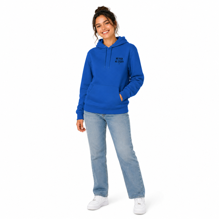 Woman modeling the Royal Blue three-panel fleece hoodie with hood, drawstrings and kangaroo pocket on a white background.