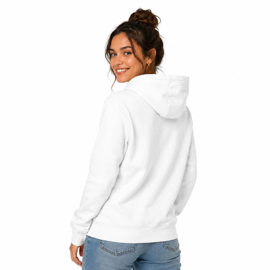 Woman showing the back of the White three-panel fleece hoodie with the hood construction visible against a white background.
