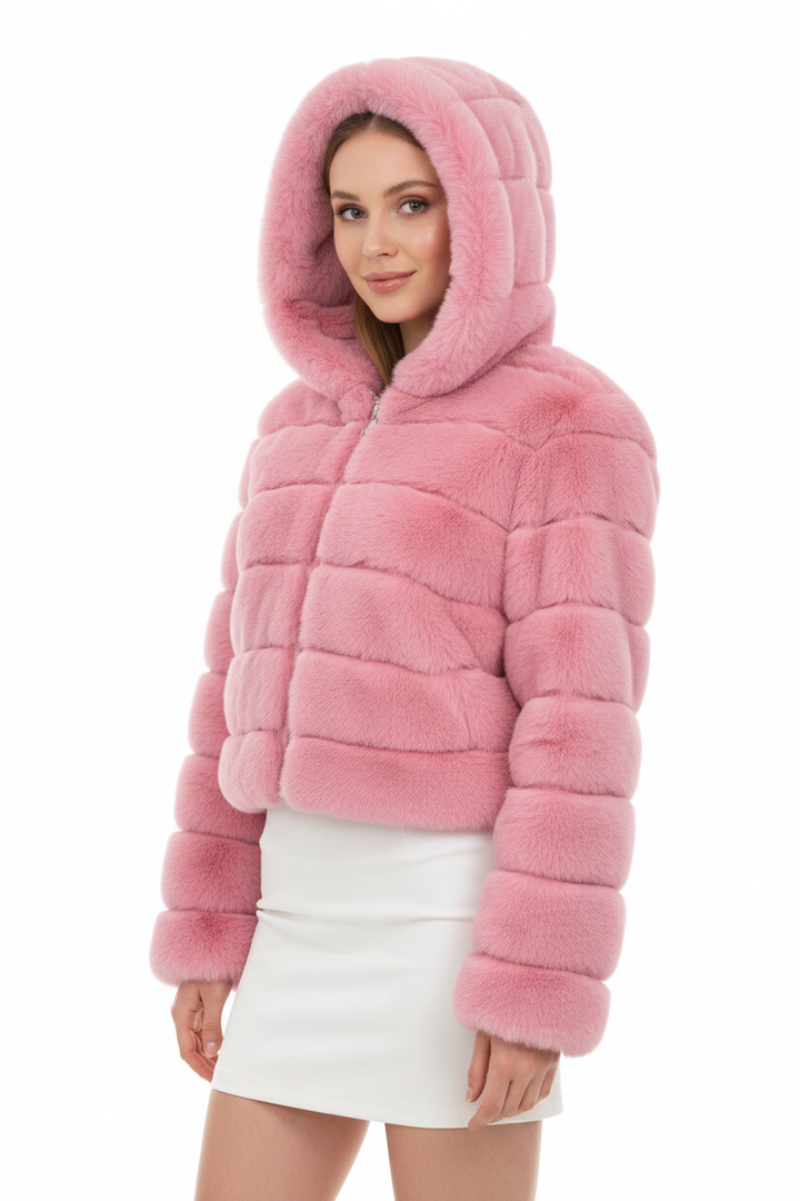 Close-up of hooded faux fur coat fabric showing the plush polyester pile, smooth interior lining and polished winter texture.