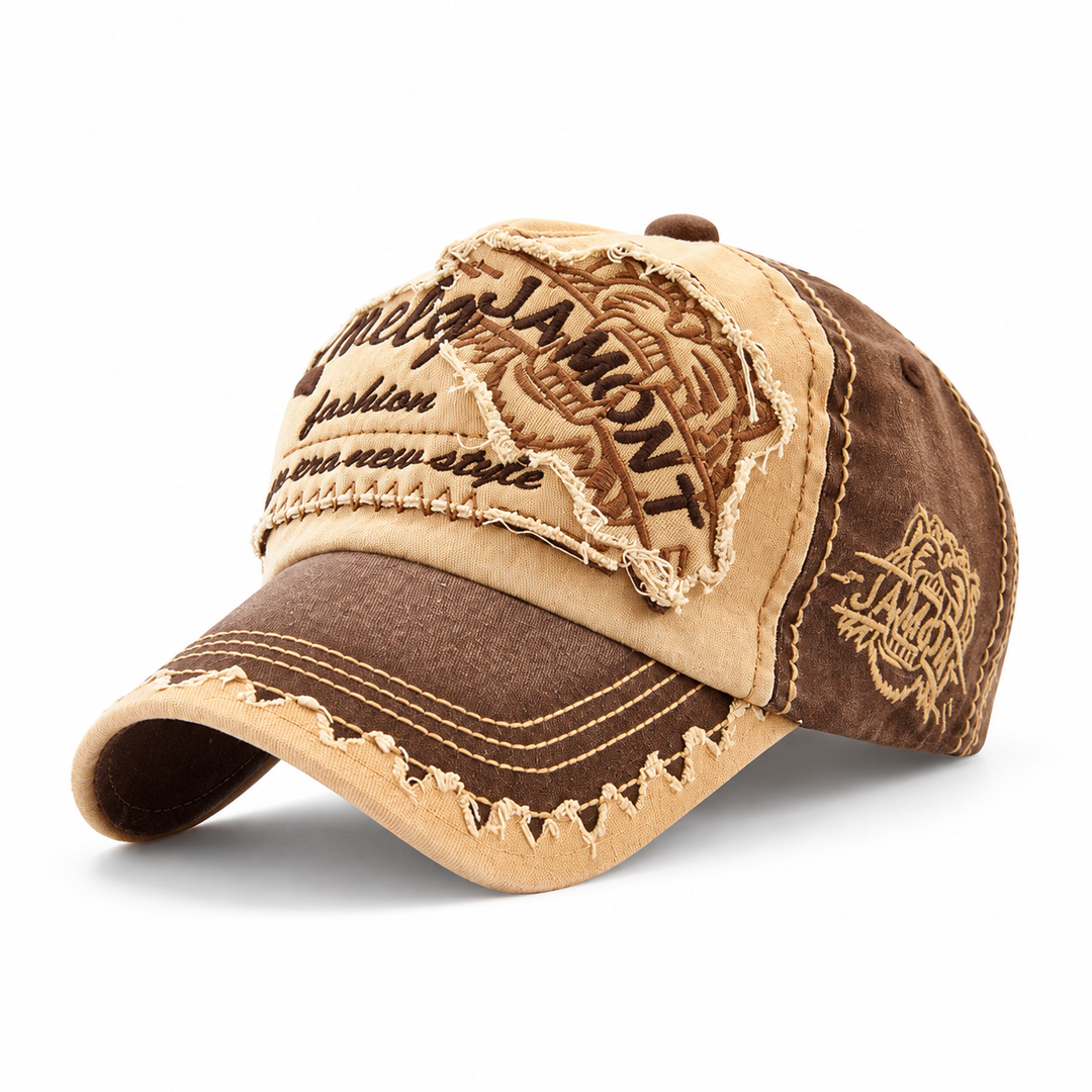 Brown / Tan embroidered cap with distressed curved brim