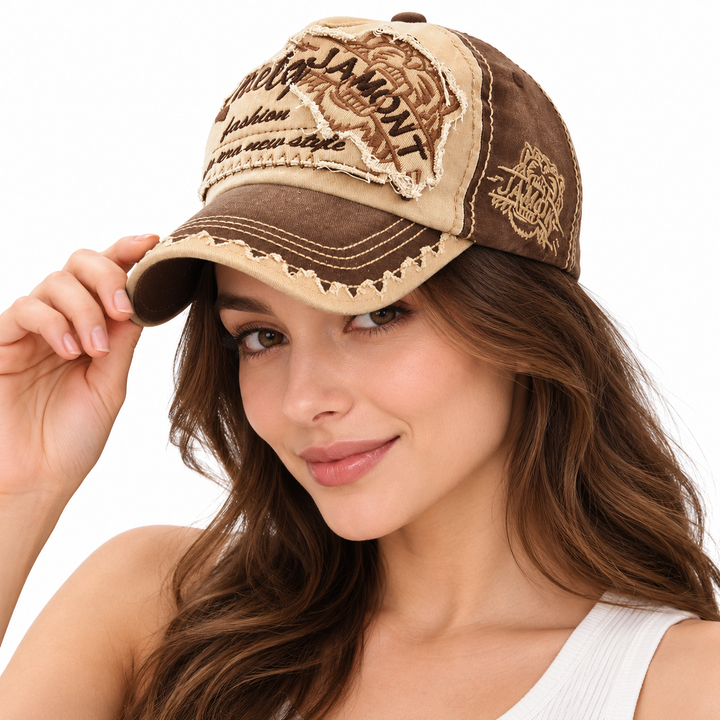 Female model wearing the Brown / Tan tiger baseball cap