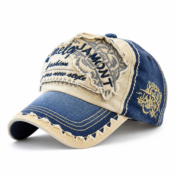 Tiger baseball cap in Navy / Sand with embroidered front and distressed curved brim
