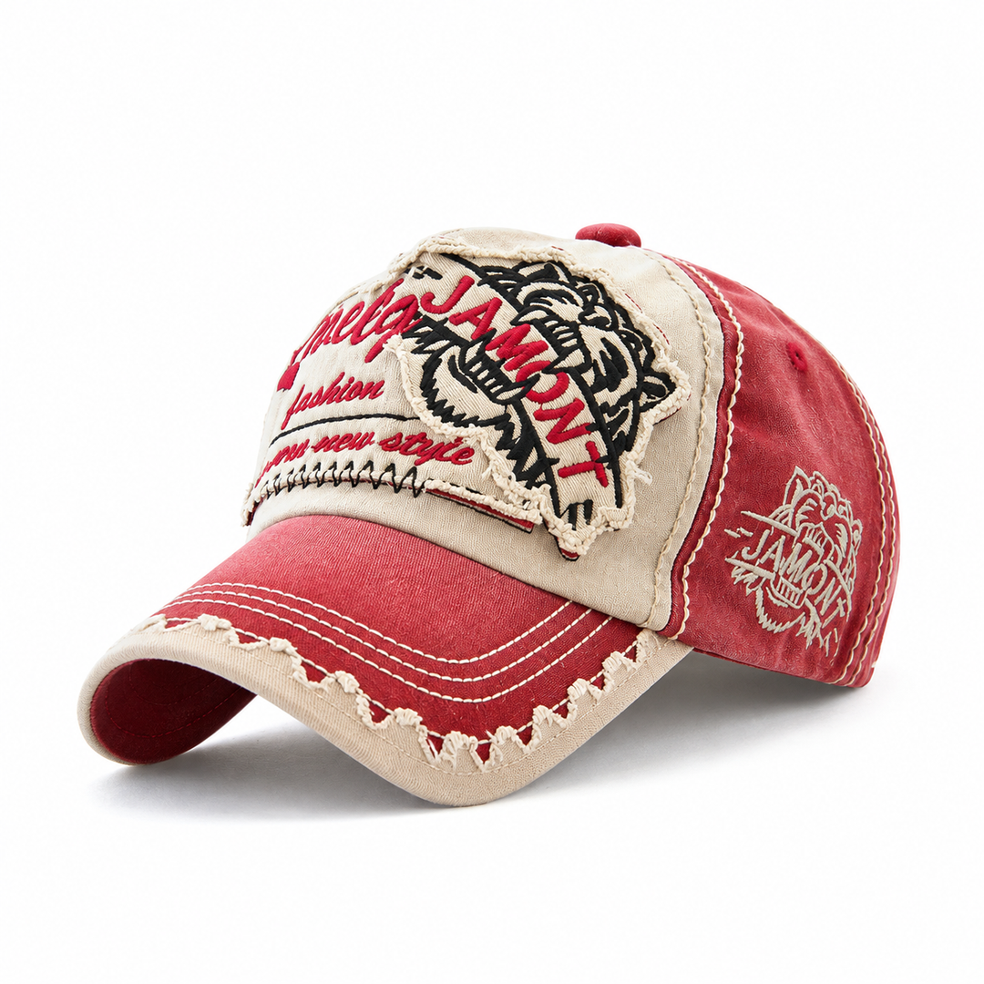 Red / Sand embroidered cap with distressed curved brim