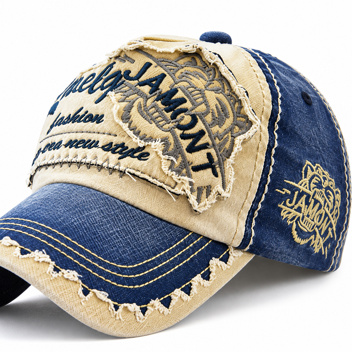 Close-up side detail of the embroidered cap