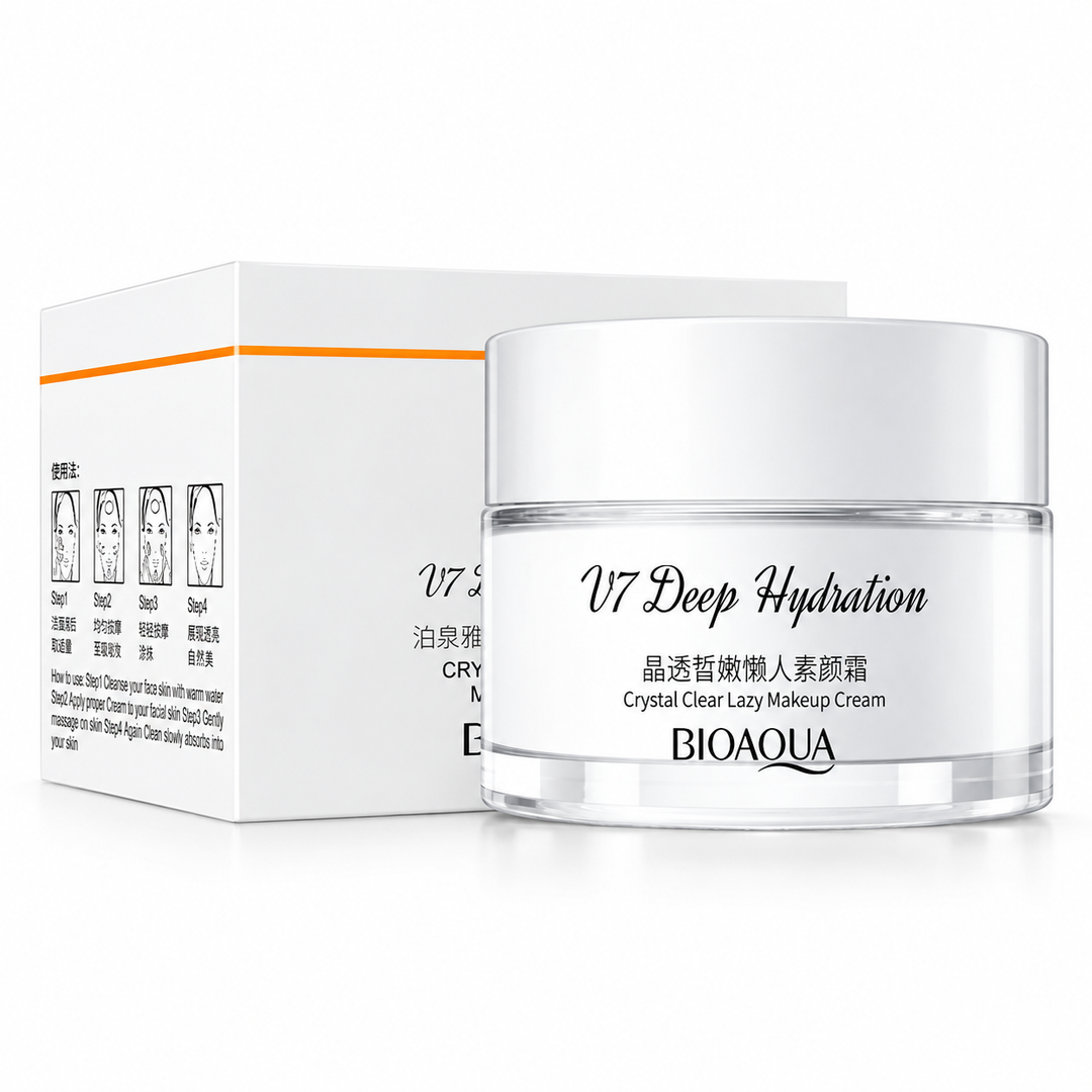 Tone up cream in a white BIOAQUA jar with the silver lid beside its matching carton, photographed on a white studio backdrop.
