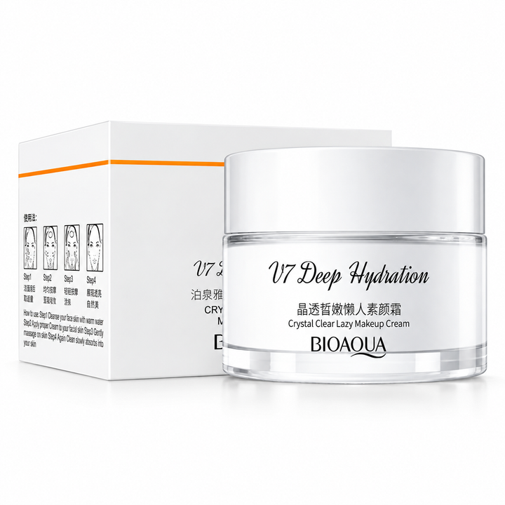 Tone up cream in a white BIOAQUA jar with the silver lid beside its matching carton, photographed on a white studio backdrop.