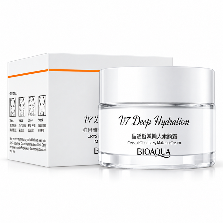 White BIOAQUA cosmetic jar beside the carton showing its illustrated side panel and orange stripe on white studio background.