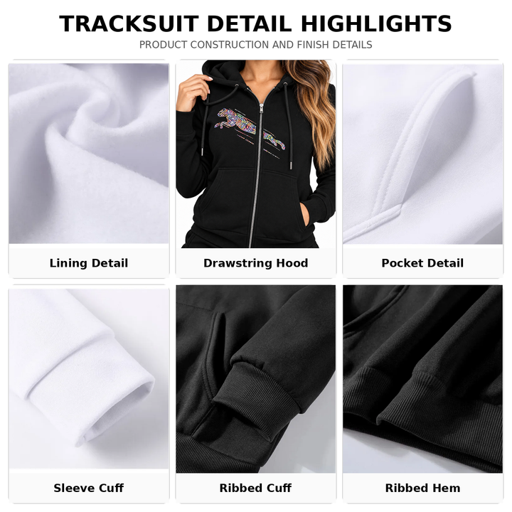 Tracksuit construction details showing lining, drawstring hood, pocket, sleeve cuff, ribbed cuff and ribbed hem