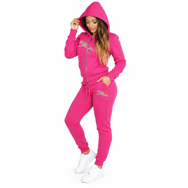 Rose red hooded tracksuit in a full-length three-quarter view with zip top and matching joggers