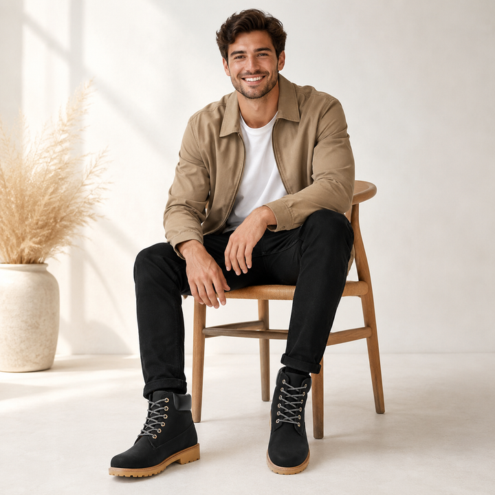 Male model wearing black high-top casual boots with metal eyelets and tan lug soles in a bright studio front view