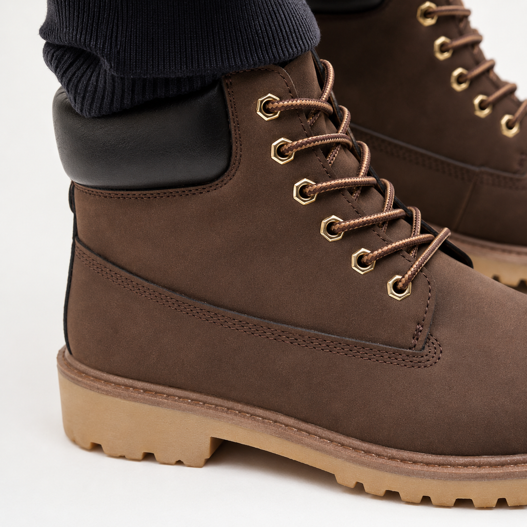 Brown high-top casual boot close-up showing stitching, padded collar, metal eyelets, brown laces and tan lug sole