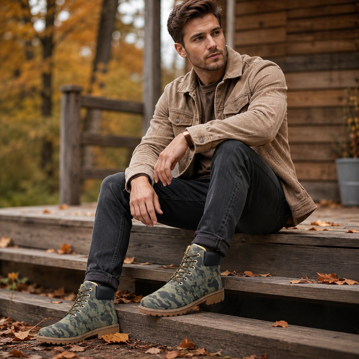 Male model wearing camouflage high-top casual boots with tan lug soles in an autumn outdoor lifestyle setting