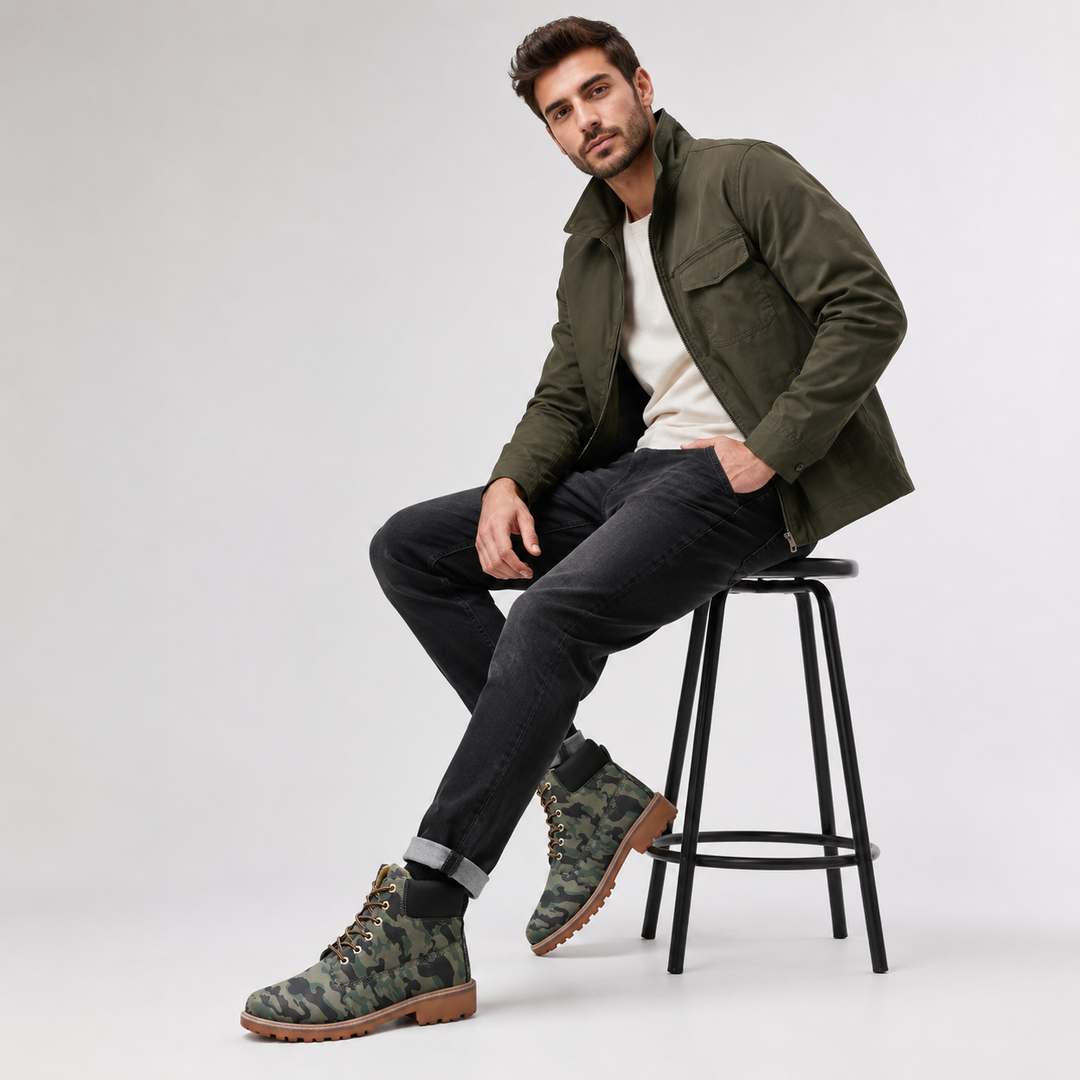 Male model wearing camouflage high-top casual boots with black padded collars and tan lug soles in a clean studio