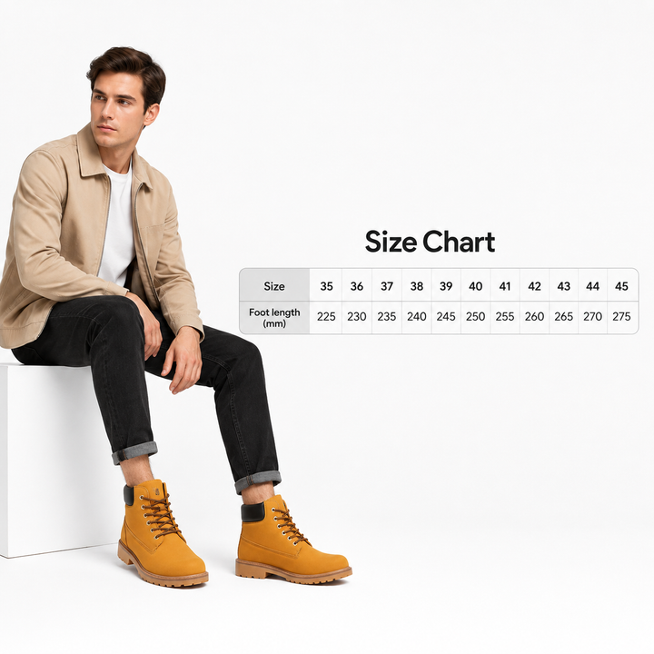 High-top casual boots size guide with model and verified sizes 35 to 45 with foot lengths from 225 to 275 mm