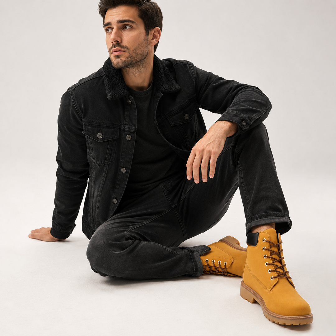 Male model wearing yellow high-top casual boots with black padded collars, metal eyelets and tan lug soles in studio
