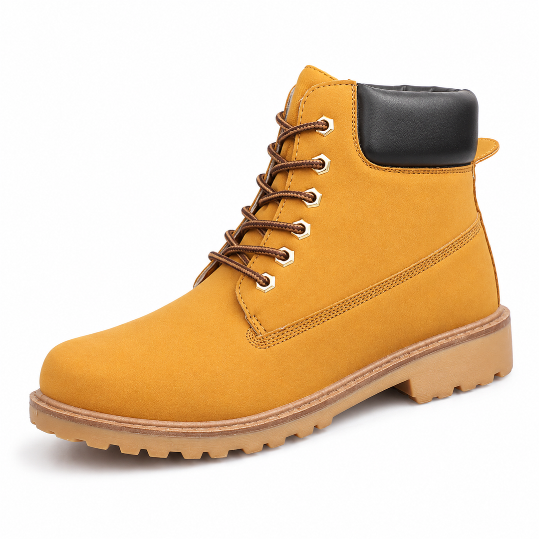 Yellow high-top casual boots with black padded collar, brown laces, metal eyelets and tan lug sole on white studio background