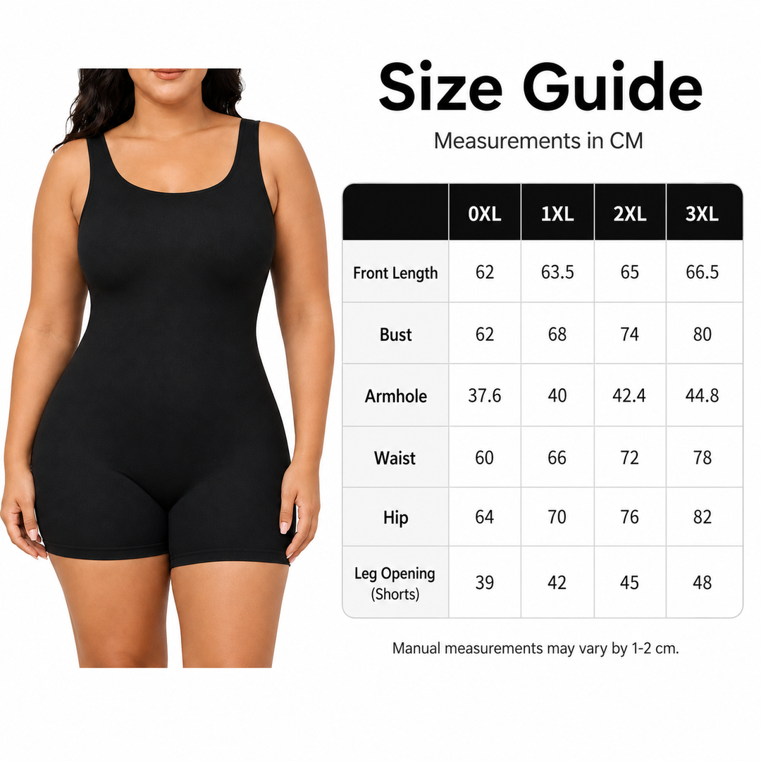 Tummy control bodysuit size guide with a black model and supplier measurements for 0XL, 1XL, 2XL and 3XL shown clearly in CM.