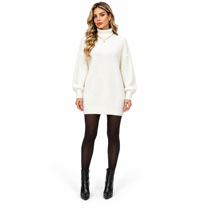 Full-length model wearing a white knit dress, showing the rolled high collar, loose shape and ribbed hem on a white backdrop.