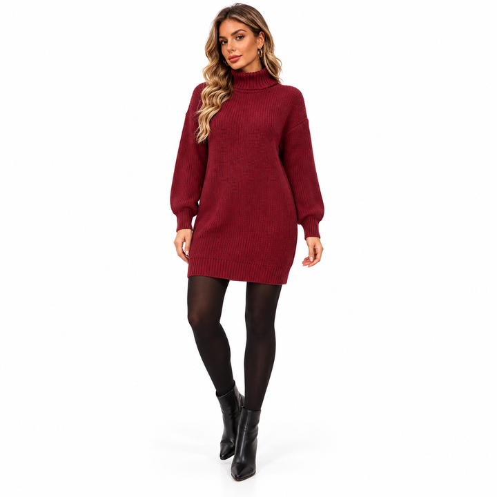 Full-length model wearing the burgundy knit dress, showing the rolled high collar, long sleeves and ribbed hem on pure white.