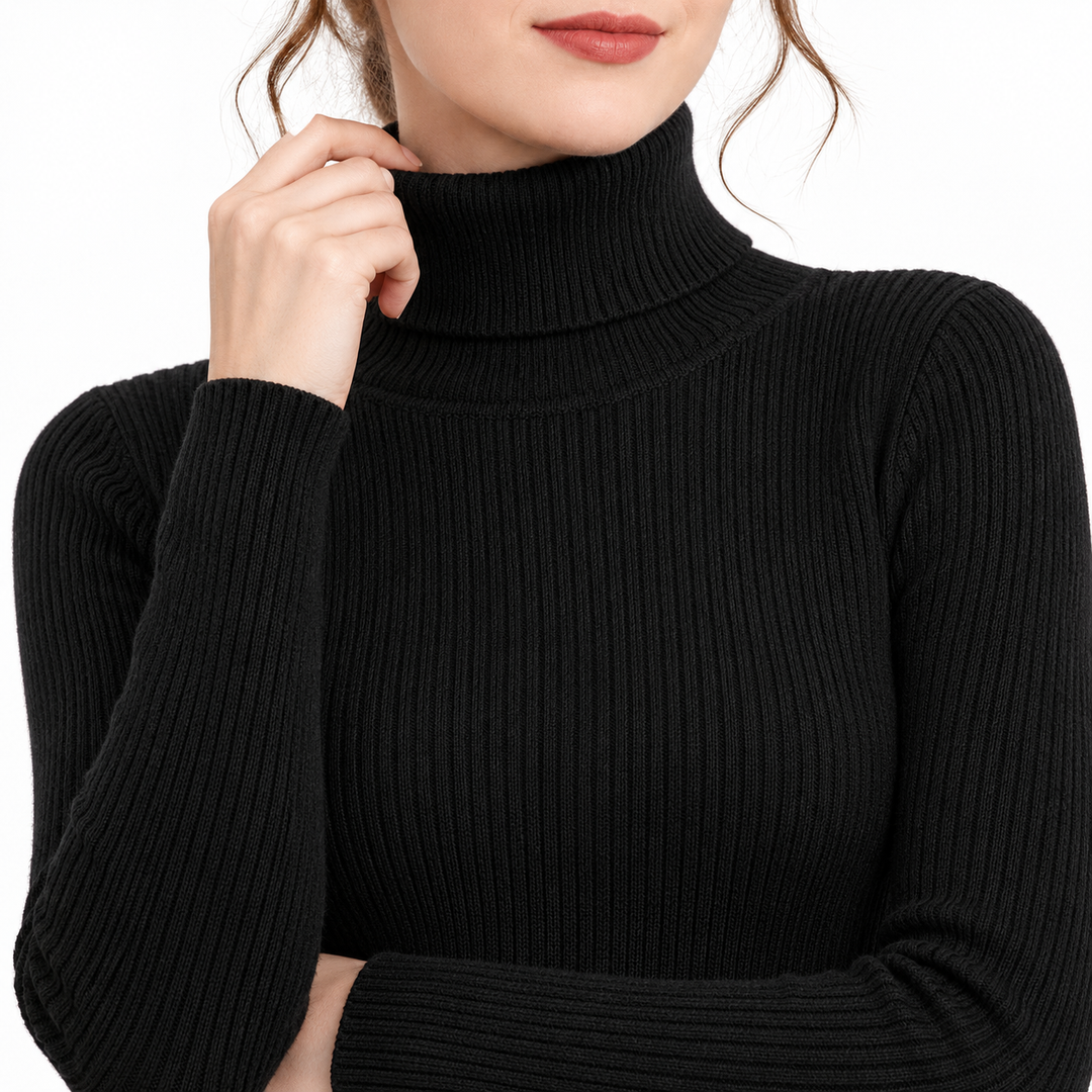 Close-up of the tall turtleneck collar and sleeve cuff, showing the verified rib-knit construction and neatly finished edges.