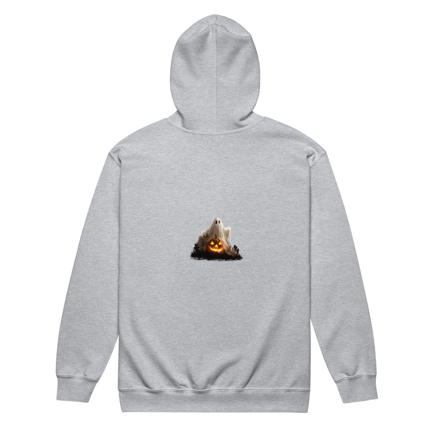 Gray hoodie with ghost and jack-o-lantern graphic
