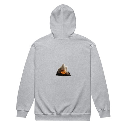 Gray hoodie with ghost and jack-o-lantern graphic