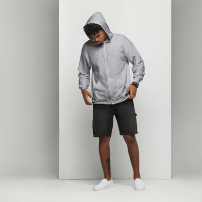 Man wearing light grey unisex zip hoodie with hood up