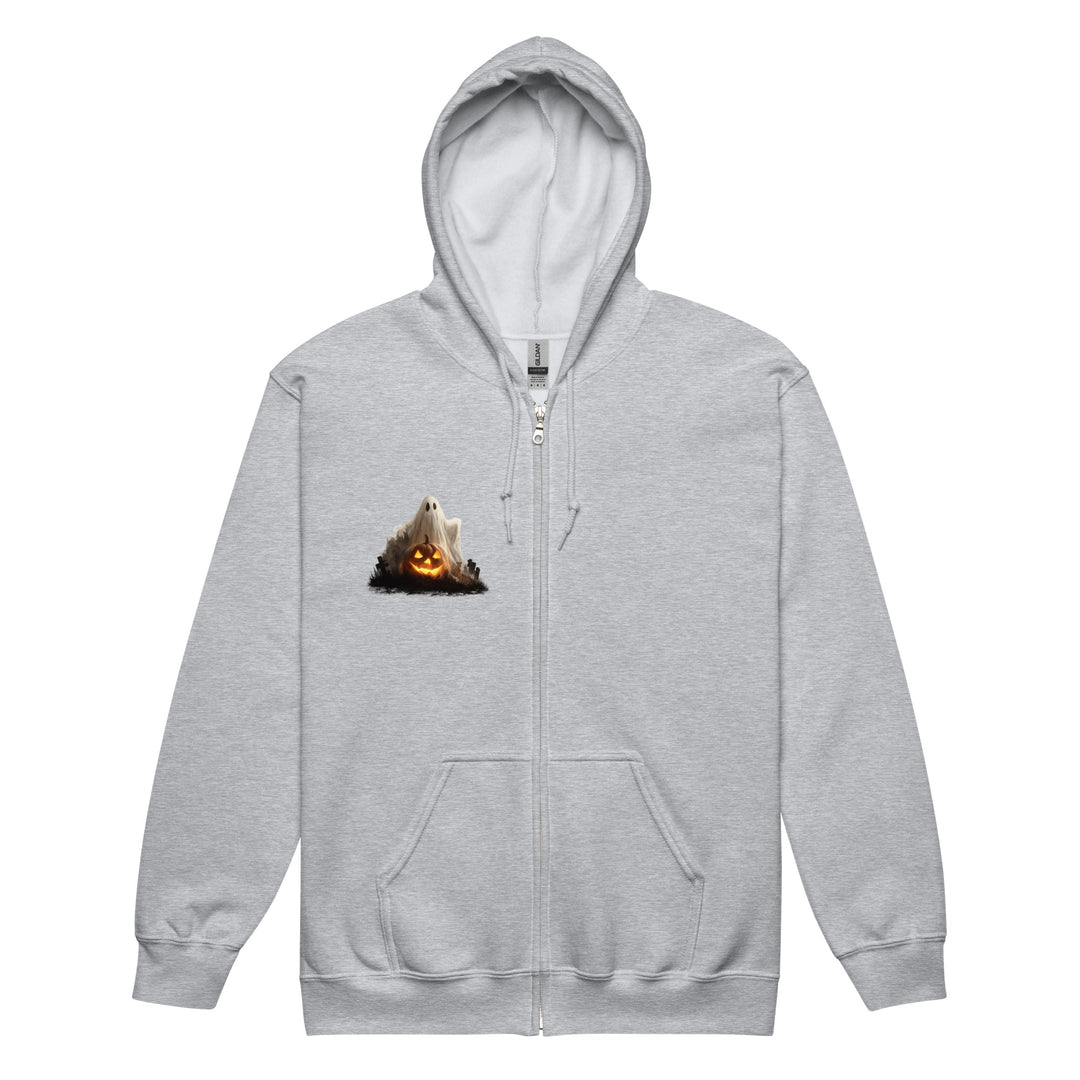 Gray unisex zip hoodie with ghost and pumpkin design