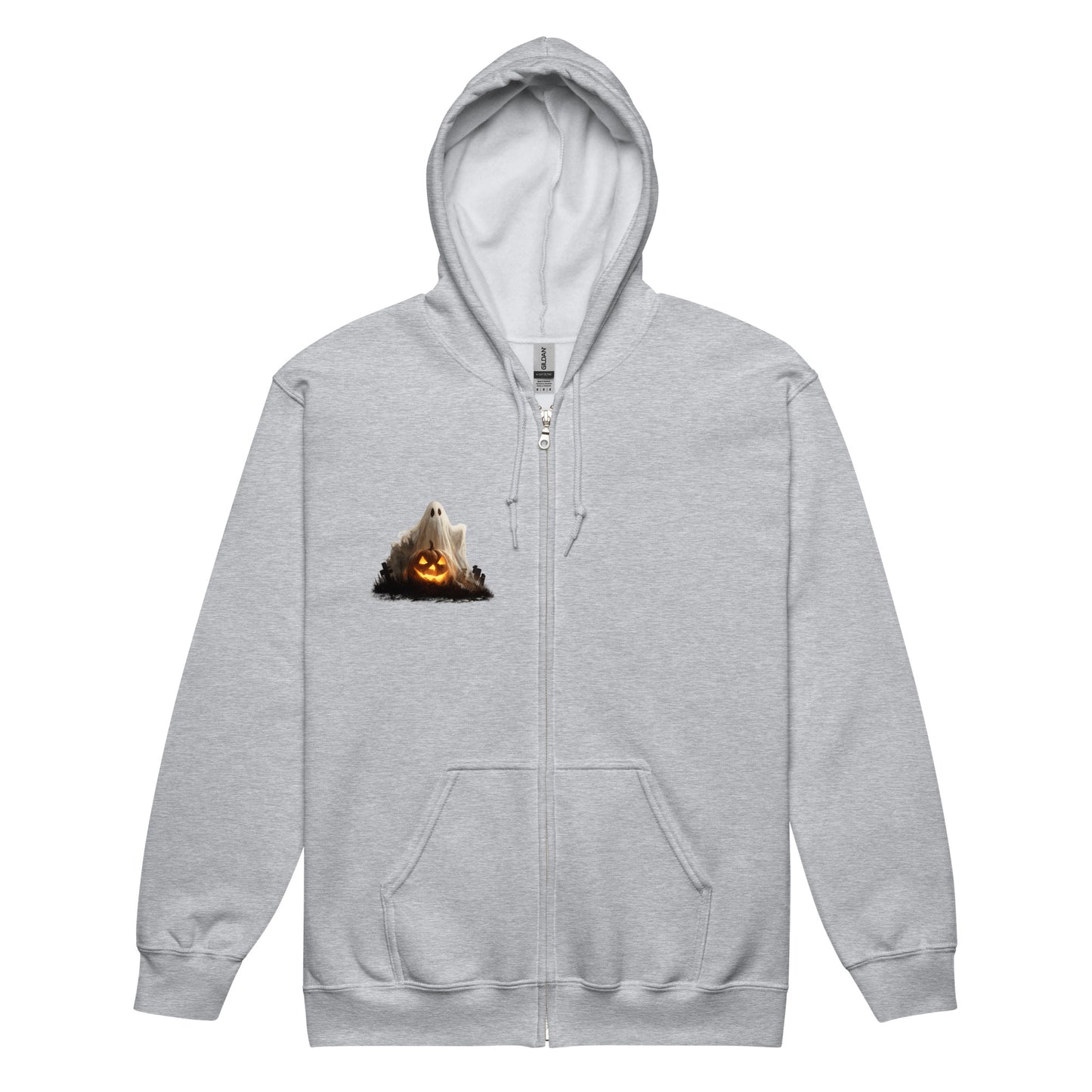 Gray unisex zip hoodie with ghost and pumpkin design