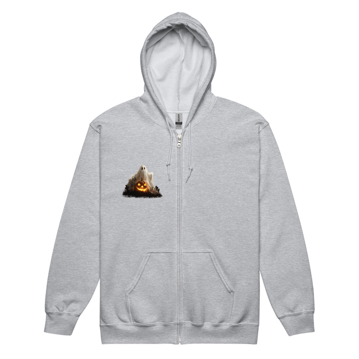 Gray unisex zip hoodie with ghost and pumpkin design